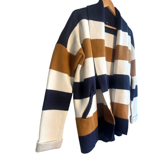 Fate Striped Open Front Cardigan Sweater Medium Brown Navy Cream Cozy Pockets - Picture 2 of 5
